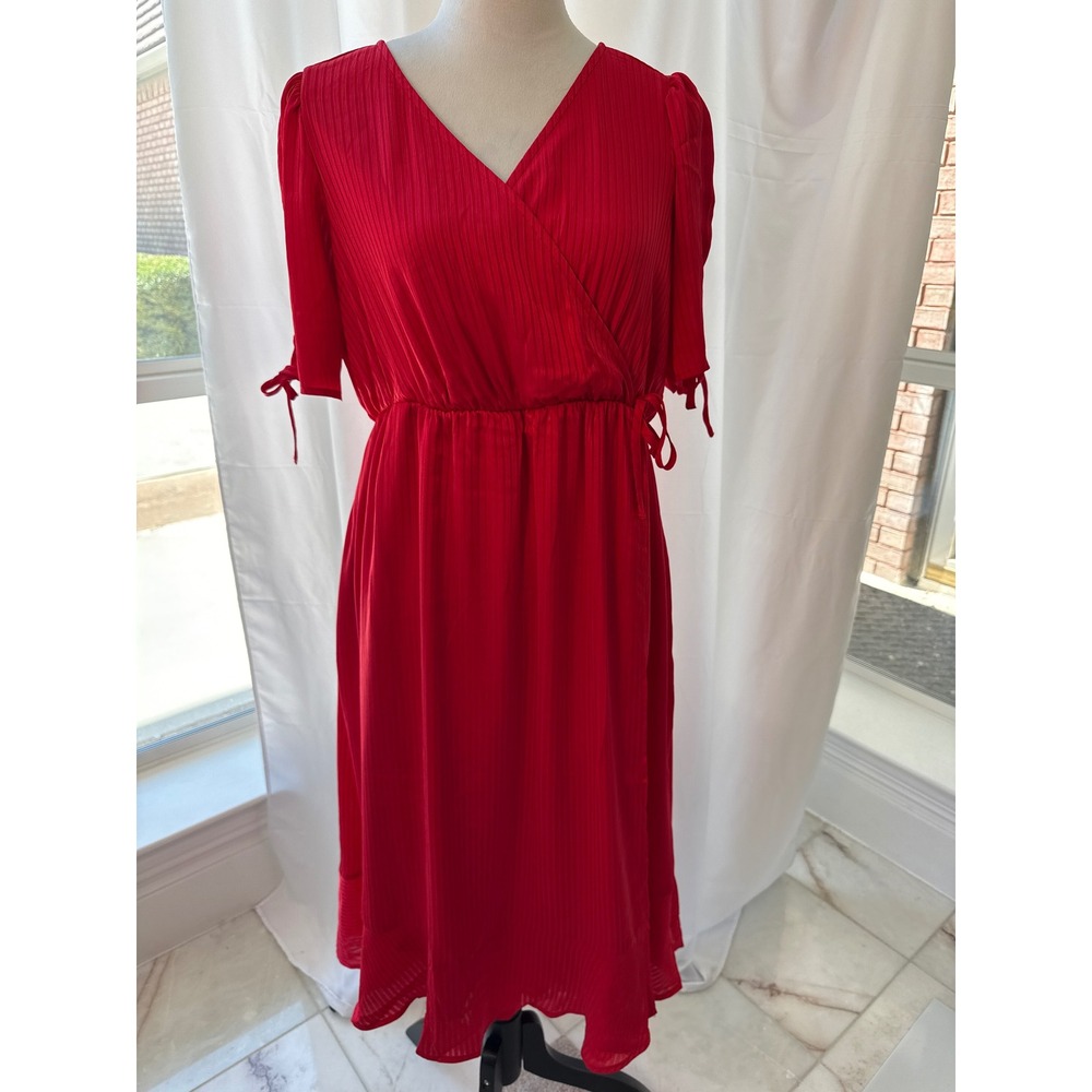 NWT Torrid Midi Dress Racing Red Dobby Satin Surplice Wrap Tie Sleeve 00